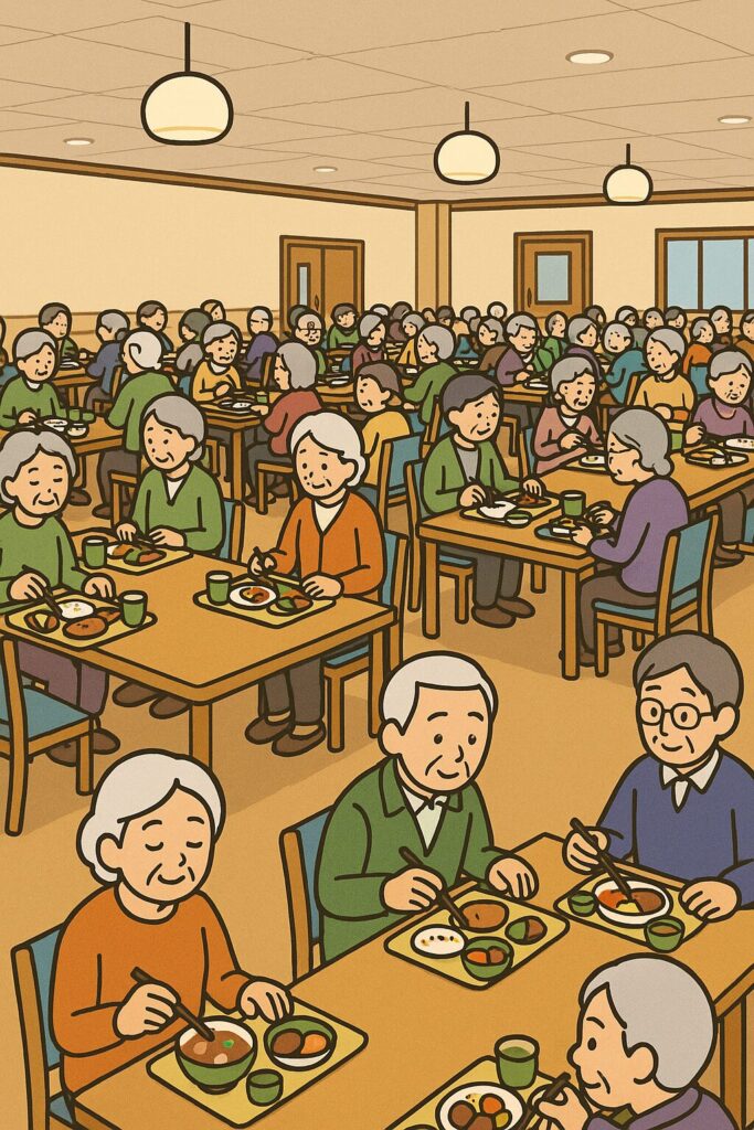 老人ホームで食事をする沢山の高齢者さんの画像